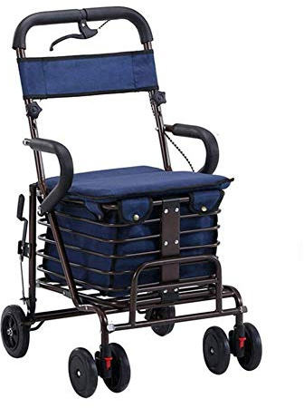 Tragbarer Einkaufswagen, zusammenklappbarer Rollator, Gehhilfe, vierrädriger Gehwagen mit gepolstertem Sitz und Korb für ältere Menschen (A)
