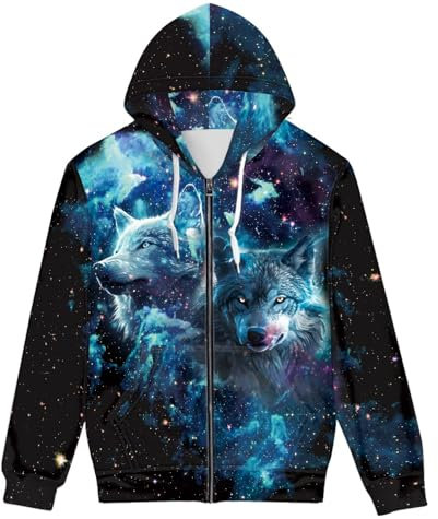 GLUDEAR Felpa con Cappuccio Unisex con Stampa Digitale 3D realistica e Zip Intera, Galassia Blu Coppia Lupo, Large