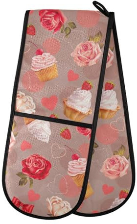 Double Oven Gloves Cupcake Rose Heart Heat Resistant Pot Holder Oven Mitt Gloves for BBQ Cooking Baking Grilling Microwave