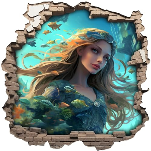 Samunshi Wandtattoo Wandriss mit Meerjungfrau Fenster in andere Welt Portal Schiffsfenster Kinderzimmer Wandaufkleber (30x30cm Meerjungfrau)