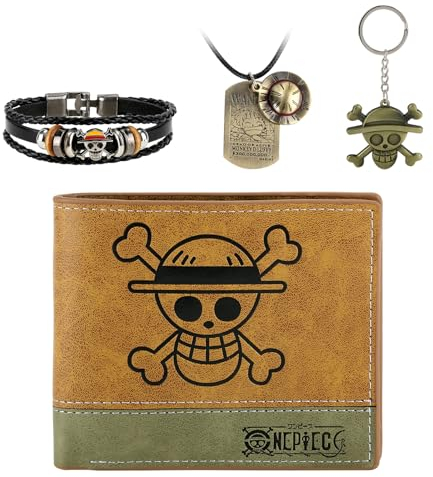 FJLyoupin Lot de 4 portefeuilles One Piece Luffy à deux volets (chapeau de paille, pirates Jolly Roger, portefeuille pour homme + collier pendentif tête de mort Luffy + porte-clés Luffy + bracelet