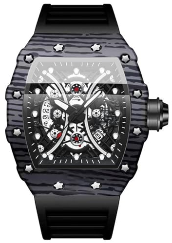 Silverora Uhren Herren Silikon Tonneau - 3ATM Wasserdicht Zahnrad Analoge Quarz Armbanduhren Kalender Datum Silikonarmband Sportuhr mit Leuchtende Zeiger Geschenke für Männer Jungen schwarz