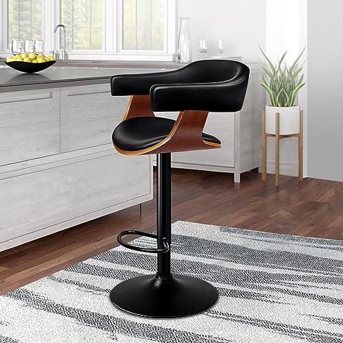 ALFORDSON Bar Stool, Adjustable Barstools PU Leather, 360° Swivel Wooden Kitchen Chair with Backrest and Footrest, for Dining Room Pub Bar Countertop, Joan Series, Black (1 Pc)