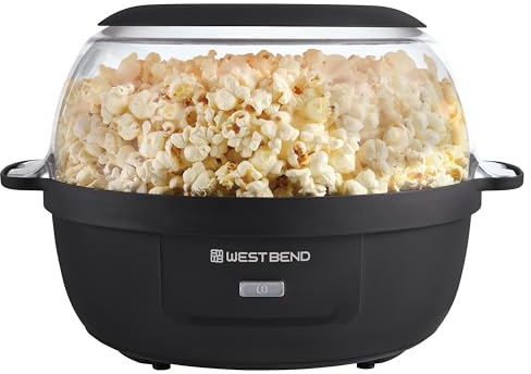 West Bend Stir Crazy Hot Oil Popcorn Popper, Popcorn Maker Machine with Large Serving Bowl Lid and Stirring Rod, 6 Qt, Black