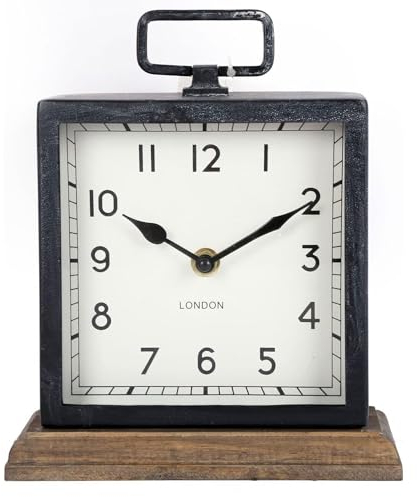 ARIATI Black Metal Handle Mentel Clock on Wood Base Distressed Square London Mantle Retro Vintage Style Mantel Clock - Traditional Classic Design