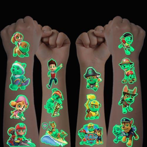 Tattoo Kinder, 12 Blätter Leuchtendes Cartoon Dog Temporäre Tattoo Set für Jungen Mädchen Kindertattoos Wasserdicht für Geburtstagsgeschenke Kindergeburtstag Mitgebsel Festival Party Deko