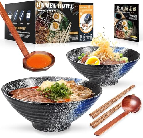 YTLEMON Juego De Cuencos De Ramen De Cerámica 2×1000ml 34oz, Ramen Bowl Japonés De Cocina Para Sopa De Fideos Con Tenedor Palillos Y Cuchara Para Ensalada Cereales Fideos Regalo Para El Hogar Para