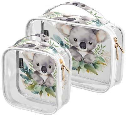 Lot de 2 trousses de toilette transparentes Koala aquarelle avec fermeture éclair, sacs de voyage transparents pour articles de toilette, sacs cosmétiques en PVC transparent pour homme et femme,