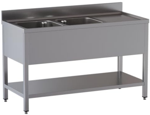 GastroHero Spültisch 160x60 cm I Edelstahl Spültisch mit 2 Ausgussbecken Links I Gastro Spüle Edelstahl mit Grundboden I Spültisch Edelstahl