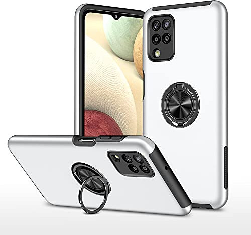 XYZNTMF for Samsung A12 Case Built-in Ring Holder Shockproof Samsung Galaxy A12 Phone Case Silicone Bumper Matte Hard PC Shell Support Magnetic Car Mount Full Protective Skin Cover, Silver