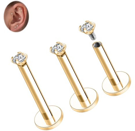 16G Labret Ohrstecker Titan Knorpel Ohrring Innengewinde Helix Ohrringe Gold Labret Schmuck Flache Rückseite Lippen Ohrstecker Ohrring mit 2 mm CZ Monroe Medusa Ring Muschel Lippen Schmuck Set