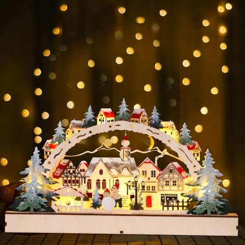 Pueblo navideño con iluminación, arco de luces de Navidad, decoración de Navidad, arco de luces de madera, ciudad de Navidad, casa de Navidad con iluminación, iluminación para decoración navideña