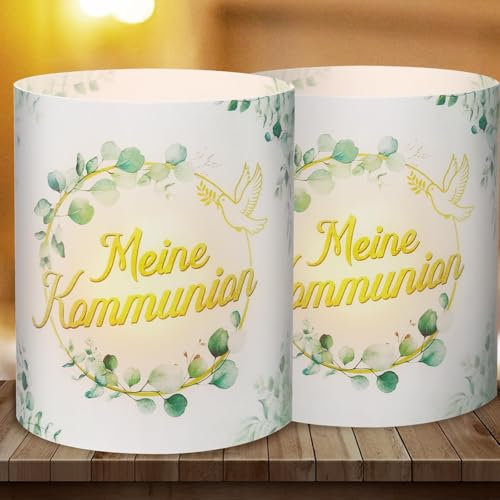 BETESSIN 12x Windlicht Tischdeko Kommunion - Meine Kommunion Deko mit Eukalyptus Design - Lichthülle für Teelichter und Kerzen - Erstkommunion Deko für Junge & Mädchen