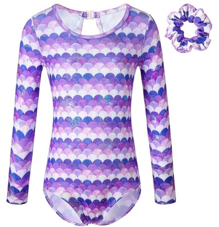 EKalgretrA Gymnastikanzug Mädchen Gymnastikanzug for Mädchen, langärmelig, Einhorn, Meerjungfrau, glitzernd, Tanzanzug(Purple,140(7-8Y))
