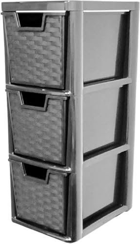 3 Storage Drawer Rattan Style Drawer Multipurpose 3 Tier for Home Office Kitchen Bath Bedroom Garage Study Room Stationery Toys Books Magazines (H) 48cm (D)25cm (W)19cm Black Medium