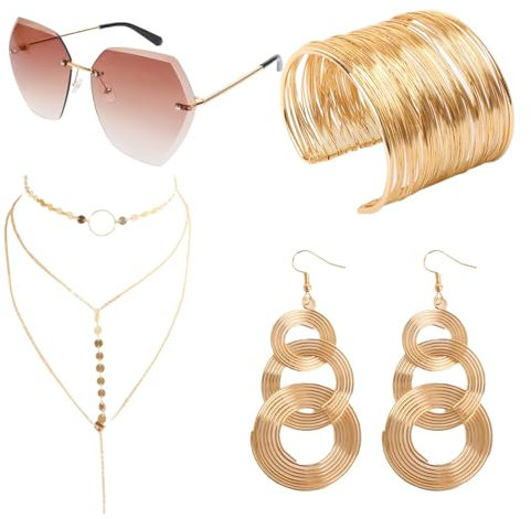 GlamRays 4Pcs 70er Disco Accessoires für Party Halloween Kostümverkleidung 70er Disco Kostüm Accessoires Set für Frauen mit prächtigem Spiralarmreif Disco Sonnenbrillen