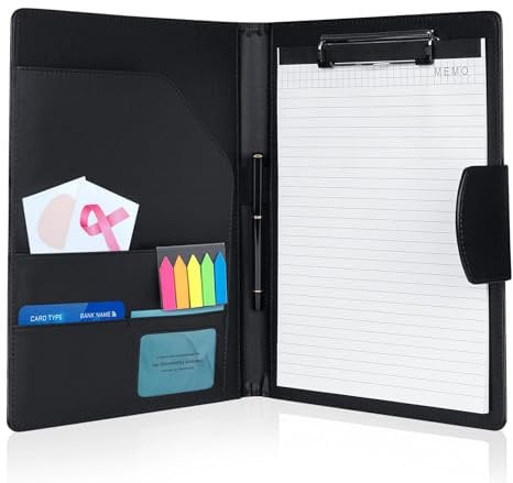 Klemmbrettmappe A4 aus PU-Leder mit Notizblock, farbigen Haftnotizen & Kugelschreiber, für Meetings, Präsentationen und den täglichen Gebrauch (Schwarz)