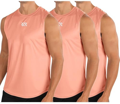 UHouse Debardeur Homme Lot de 3 Débardeur Sport Maillot de Corps Col Rond Ete Tee Shirt sans Manche Fitness T-Shirt Musculation Running Tshirt Coton Gym Fin Cut Rose L