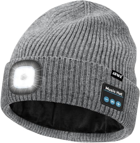 ATNKE LED Bluetooth Mütze mit Licht, USB Wiederaufladbare 4 LED Kabelloses Musik Redner Laufmütze Stirnlampe Winter Warm Strick Mütze mit Fleece Gefüttert Geschenke für Herren und Damen/Gray