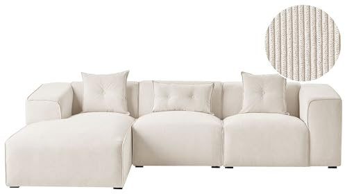 Beliani Ecksofa 3-Sitzer Cremeweiß Cord L-förmig Modernes Creme | Stoff, Weiß, Für 3 Personen, Gerade, Schaumstoff-Füllung, Wellenfederung, Sitzhöhe 46 cm, 294 x 170 x 72 cm, 100% Polyester