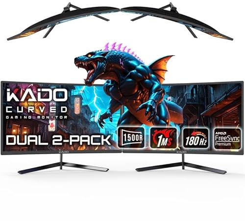 Kado 24 Curved Gaming Monitor Set - 1500R 180Hz 1ms 1920x1080 - Parallel Gaming Monitor - AMD FreeSync Premium Panoramic - VESA Mount HDMI DisplayPort - Built-in Speakers