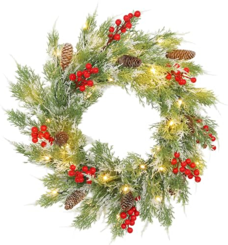 HOMCOM 60cm / 24inch Prelit Christmas Wreath 30 LEDs Timer Green and White | Warm White LEDs, Battery Operated, Door Wreath, All Realistic Branches, Pine Cones, Berry Clusters, Home Decor