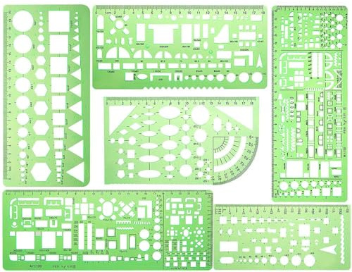 COEWUR 6 Stück Zeichenschablone Technisches Zeichnen Schablone Geometrische | Schablone Architektur Kreisschablone Geometrie Set Elektro Vorlage Lineal Set für Elektrotechnik Maschinenbau Architektur