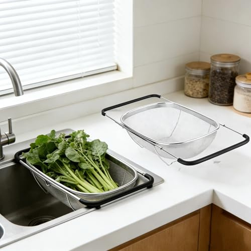 ASOUUNLD Colador Extensible Sobre el Fregadero Cesta de Drenaje de Malla Fina de Acero Inoxidable Colador Fregadero Escurridor Extensible 30-42CM para Cocina, Lavado de Verduras, Frutas