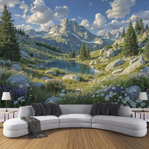 ZISTRCBAO Tapeten Wandbild Seen Auf Alpinen Wiesen, Ruhige Naturlandschaft Wandtapete Foto Für Wohnzimmer Schlafzimmer TV Hintergrund Wandtapete Bilder Wand Deko 300x210cm