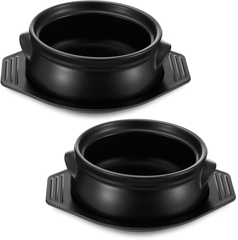 Kritkin 2 Pcs Korean Stone Pot Clay Cooking Pot Set Ceramic Sizzling Hot Bowl Korean Bibimbap Soup Dolsot Bowl for Ttukbaegi and Koreans Stew (38 oz,Without Lid)