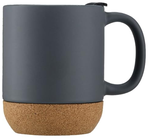 YUNSHI CERAMICS Matte Ceramic Mug with Lid - Cork Bottom, 400ml, 3 Colors (Black, White, Grey), Gift for Her, Best Friend, Tea Lover， Dishwasher Safe (Grey Mug+Cork Base)