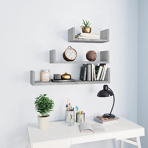 Yisssmeng Wandregal 3er Set Betongrau Holzwerkstoff 60/45/30 cm U-Form schwebendes Regal für Wohnzimmer Schlafzimmer Küche & Büro