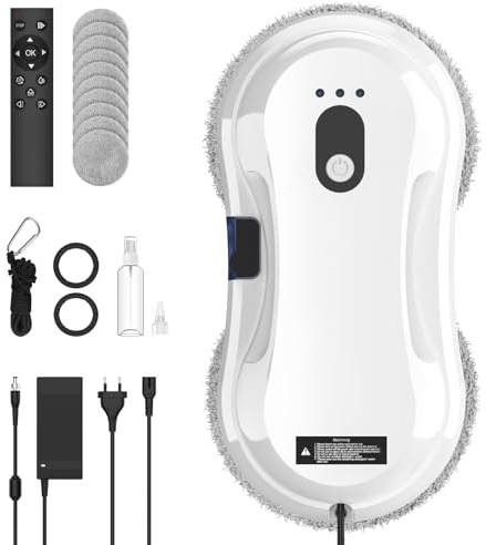 Robot Lavavetri, 5600Pa Lavavetri Automatico Ultra-Sottile (7.5cm) con Nebulizzatore d'Acqua, Navigazione Intelligente, 3 Modalità, Protezione UPS, Telecomando e 10 Panni, per Vetrate e Piastrelle