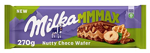 Milka MMMAX Nutty Choco Wafer Tableta Grande de Chocolate con Leche de los Alpes con Barquillo, Relleno de Crema de Avellana y Trozos de Avellana, 270 g