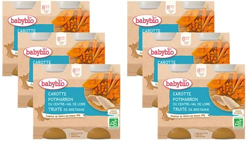 Babybio - Petits Pots Carotte Potimarron Truite de Bretagne 2x200 g - 8+ Mois - BIO - Lot de 6