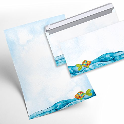 Logbuch-Verlag SET 12 Blatt Briefpapier Fisch Regenbogenfisch Einladung Kommunion Geburtstag Kinder blau weiß MIT 10 Briefumschläge A4 maritim Taufe