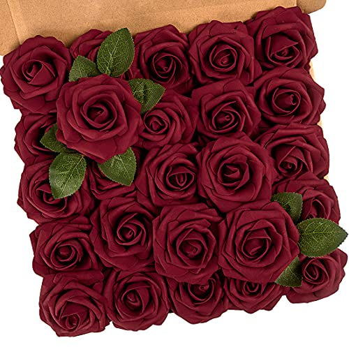 N&T NIETING Artificial Flowers Roses, 25Pcs Red Foam Roses Real Touch Roses with Stems Fake Flowers for Wedding Bridal Bouquets Centerpieces Floral Arrangement Party Home Decoration, Dark Red