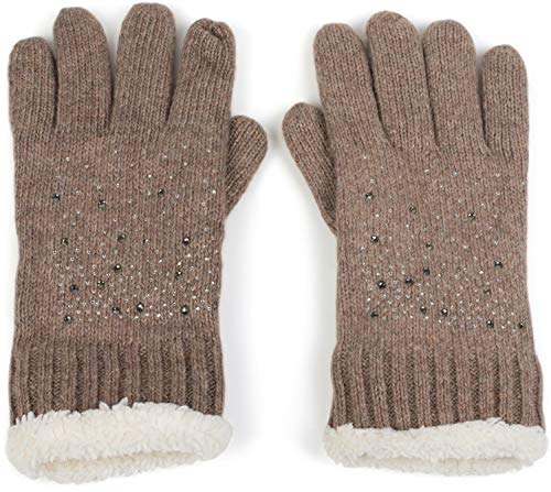 styleBREAKER Damen Handschuhe mit Strass und Fleece, warme Thermo Glitzer Strickhandschuhe, Fingerhandschuhe, Winter 09010010, Farbe:Braun