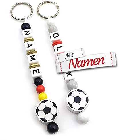 Fußball Schlüsselanhänger mit Namen, Jungen & Mädchen Anhänger Namenskette Schwarz/Rot/Gold
