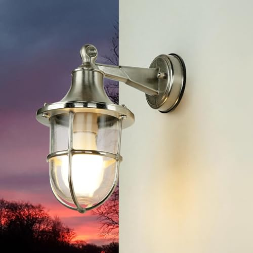 Licht-Erlebnisse Wandleuchte Aussen Messing, in Nickel, Hoflampe, Außenleuchte Maritim, wetterfest, rostfrei, IP64, E27, Schiffslampe, Außenlaterne, Rustikal