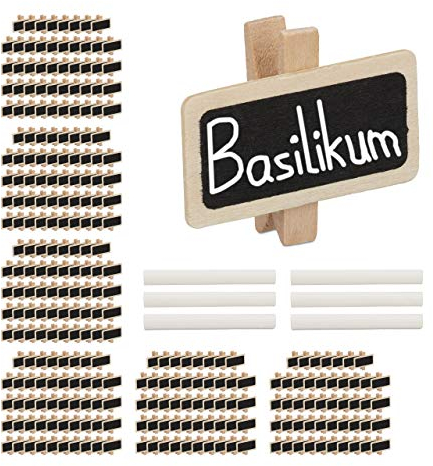Relaxdays 288 x Tafelklammer, zum Beschriften, Dekoklammern mit Kreide, Kräutergarten, Schild 4x2cm, Holz Pflanzenschilder, Natur