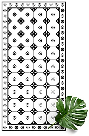 Bilderwelten Vinyl-Teppich - Geometrische Fliesen Landhaus Schwarz Weiß mit Bordüre 240×120 cm Vinyl