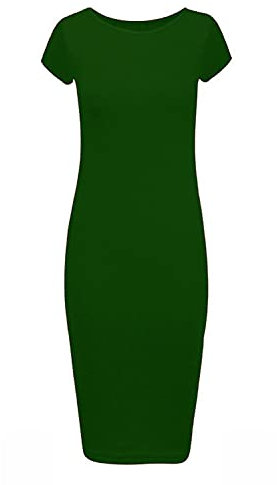 STAR FASHION Womens Cap Sleeve Bodycon Midi Dress Ladies Wiggle Pencil Round Neck Long Stretch Maxi Dress Plus Size Casual Party Wear Bottle Green
