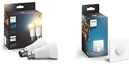 Philips Hue White Ambiance Smart Light Bulb Twin Pack LED [B22] with Bluetooth - 1100 Lumen + Hue Smart Button. Works with Alexa, Google Assistant and Apple Homekit.