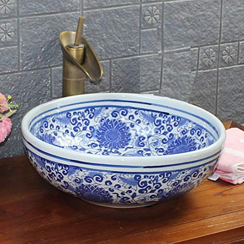 Waschbecken mit Blumenmotiv, Paisleymuster, Keramik, Aufsatzwaschbecken, blau und weiß, Porzellan, rund, Vintage, antike, chinesische Kasbah, marokkanische Handarbeit, handgefertigt