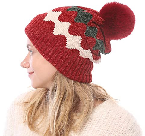 IYOU Damen Wintermütze mit rotem Fleece gefüttert, Strickmützen, dick, thermisch, Outdoor, Ski, Bommelmütze für Frauen und Mädchen