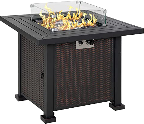 Outsunny Square Propane Gas Fire Pit Table, 50000 BTU Rattan Smokeless Firepit Patio Heater with Glass Screen, Glass Beads and Lid, 81cm x 81cm x 64cm, Black