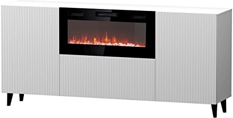 Mirjan24 Kommode Fusbo 180 mit Elektrischem Kamin, Mehrzweckschrank mit 2 Türen, Realistische LED-Flamme, Anrichte, Highboard, Sideboard, Kristallherd, Esszimmer (Weiß)