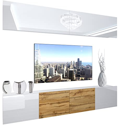 BELINI Wohnwand Vollausstattung Wohnzimmer-Set Moderne Schrankwand mit LED-Beleuchtung Anbauwand TV-Schrank Weiß/Eiche Wotan untene Seiten Weiß