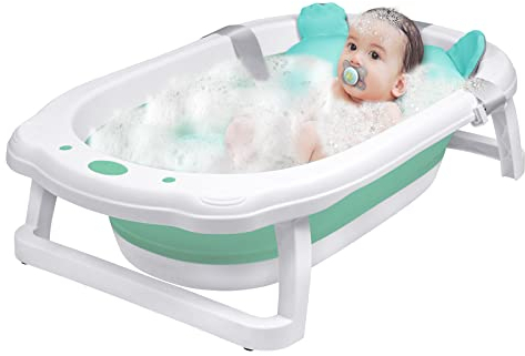Froadp Faltbare Baby Badewanne Klappbare Babywanne mit Abflusslöchern & Rutschfestem Fußpolster Tragbare Kinderwanne Ergonomische Bathtub für Neugeborene Kleinkinder (Grün, mit Sitzkissen)